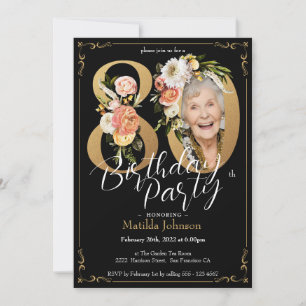 Invitation Boho Floral Black Gold Photo 80th Birthday Party