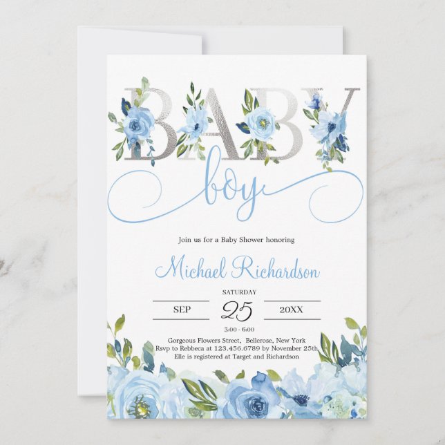 Invitation Boho floral bleu et huile d'argent (Devant)