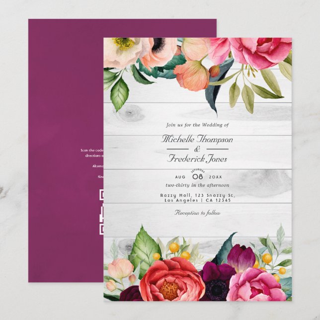 Invitation Boho Floral Bohème Rustique Code QR RSVP Mariage I (Devant / Derrière)