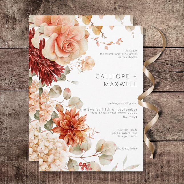 Invitation Boho floral Boho floral et roux épicé (Spicy Fall Rust & Blush Boho Floral Wedding Invitation)