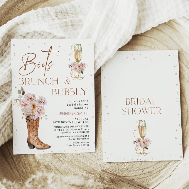 Invitation Boho Floral Boot Boot Brunch Bubble Fête des marié (Boots brunch and bubbly bridal shower invitation in a bohemian style with cowboy boots and glass.)