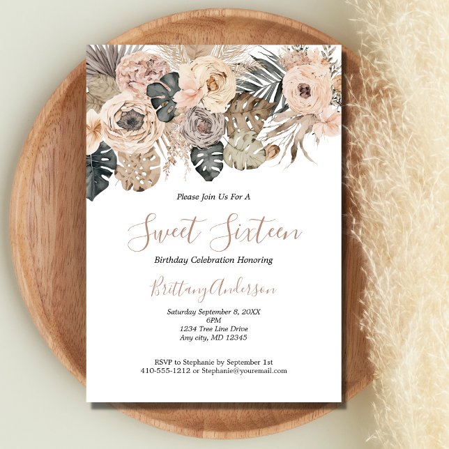 Invitation Boho Floral Botanique Sweet Seize 16 Anniversaire (Blush Pink White Gray Brown Boho Floral Botanical Sweet Sixteen Birthday Invitation)