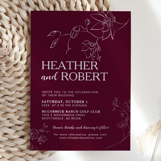 Invitation Boho Floral Bourgogne Botanique Simple Mariage (Créateur téléchargé)
