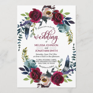 Invitation Boho Floral Bourgogne Merlot Marine Mariage bleu