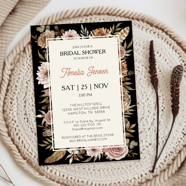 Invitation Boho Floral Bridal Douche (Front of Boho Floral Black Boho Bridal Shower Invitation)