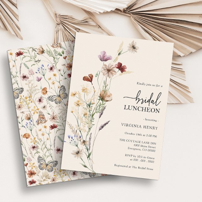 Invitation Boho Floral Bridal Luncheon (Rustic Boho Wildflower Bridal Luncheon Invitations with Butterfly by Painted Paperie)