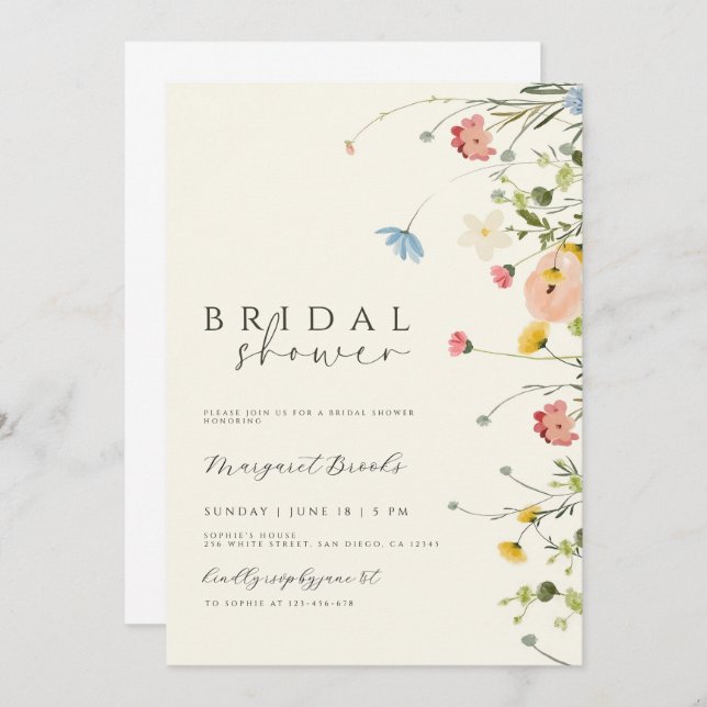 Invitation Boho Floral Bridal Showeuse Invitation, Fleur sauv (Devant / Derrière)