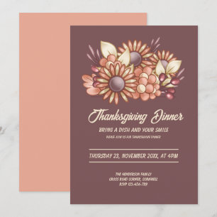 Invitation Boho floral Brown Thanksgiving Dîner