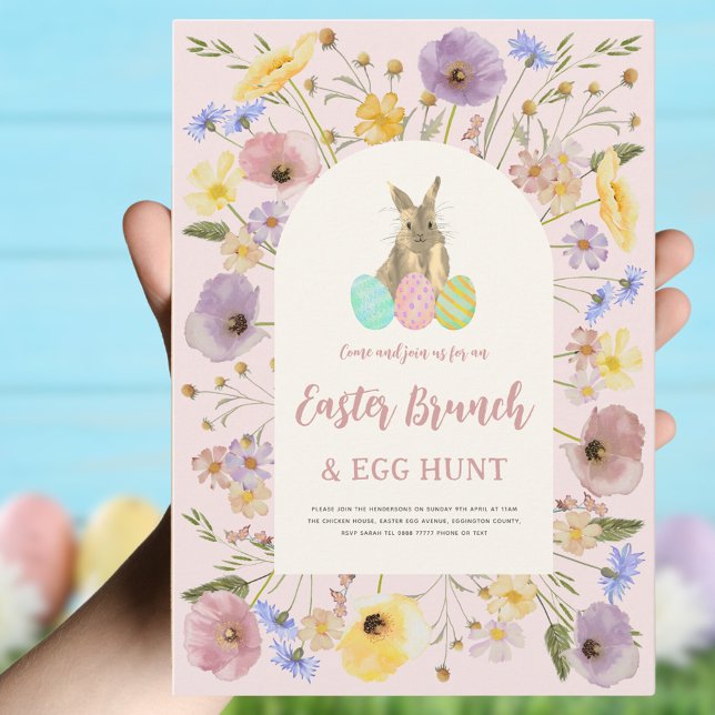 Invitation Boho Floral Brunch de Pâques et chasse aux oeufs (Easter brunch and egg hunt boho floral bunny invitation )