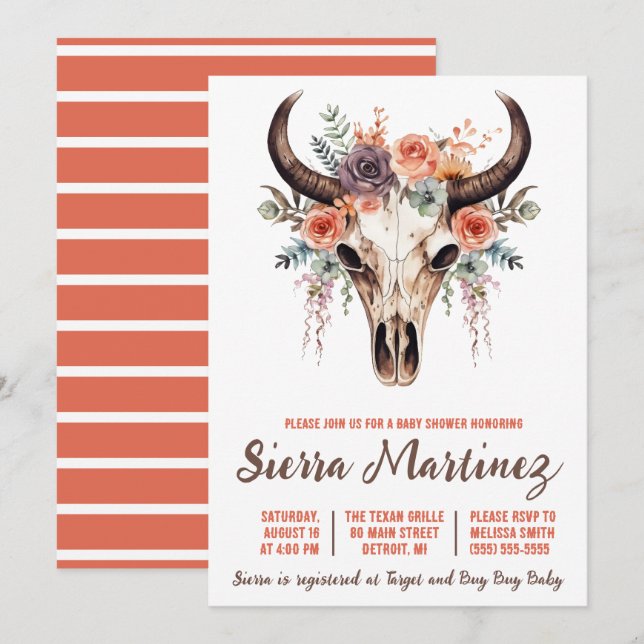 Invitation Boho Floral Bull Baby shower (Devant / Derrière)
