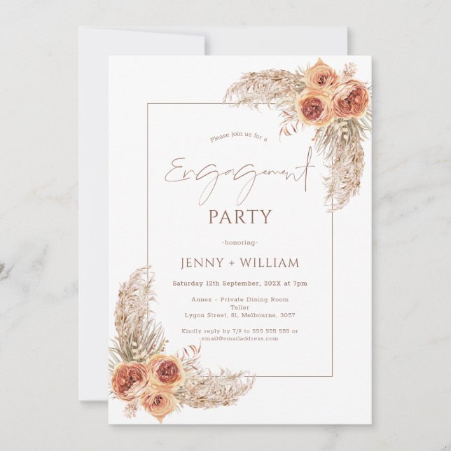 Invitation Boho Floral Bural Orange Pampas Fiançailles en her (Devant)