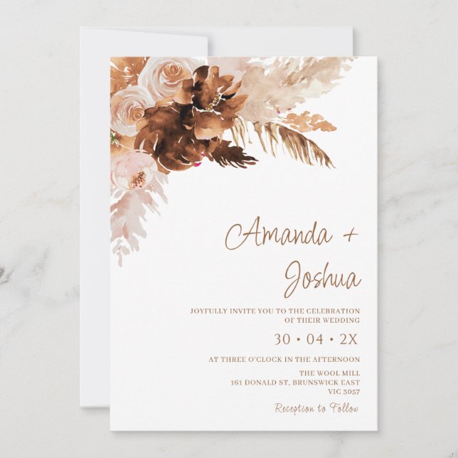 Invitation Boho Floral Bural Orange Pampas Mariage en herbe (Devant)