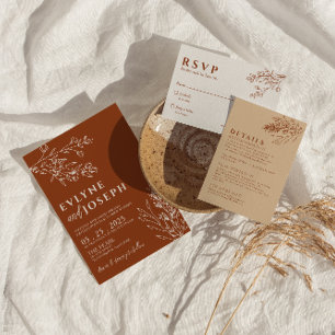 Invitation Boho Floral Burange Terracotta Mariage de plantes