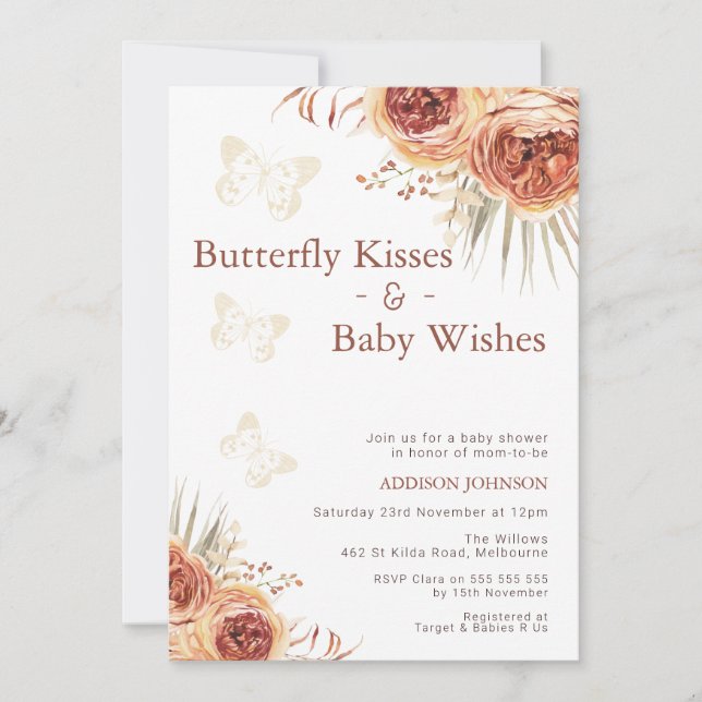 Invitation Boho Floral Burnt Orange Butterfly Baby shower (Devant)