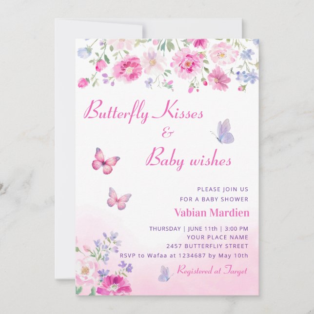 Invitation Boho Floral Butterfly Baisers fille Baby shower (Devant)
