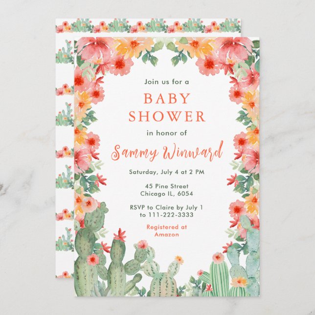 Invitation Boho Floral Cactus Baby Shower (Devant / Derrière)