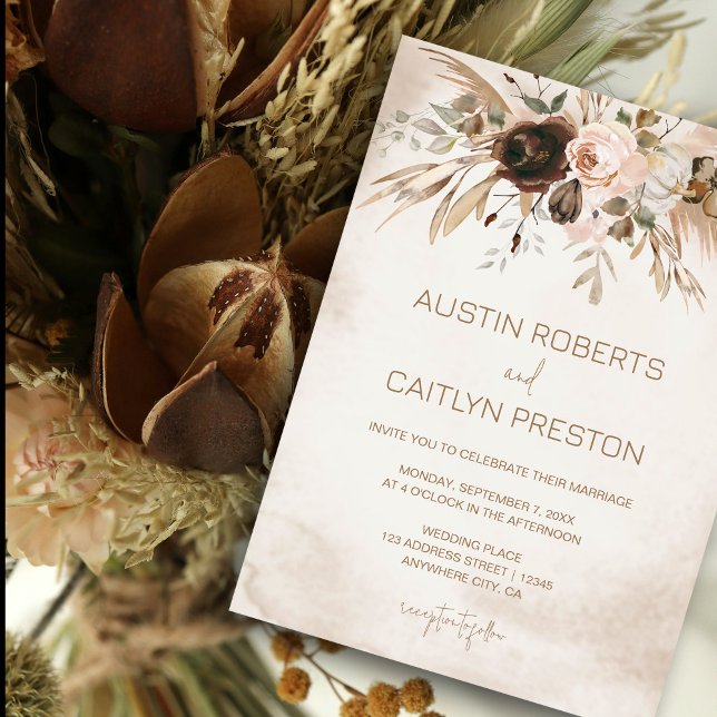 Invitation Boho Floral Citrouille Chute en Amour Mariage (Elegant boho floral wedding invitation with soft neutral tones #rusticwedding #BohoWedding )