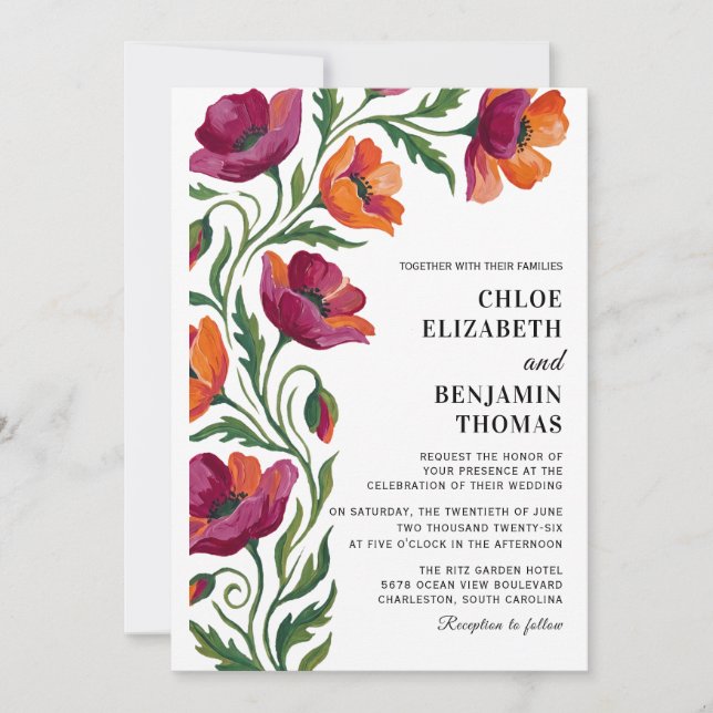 Invitation Boho Floral Coquelicot Mariage Peint à la Main (Devant)