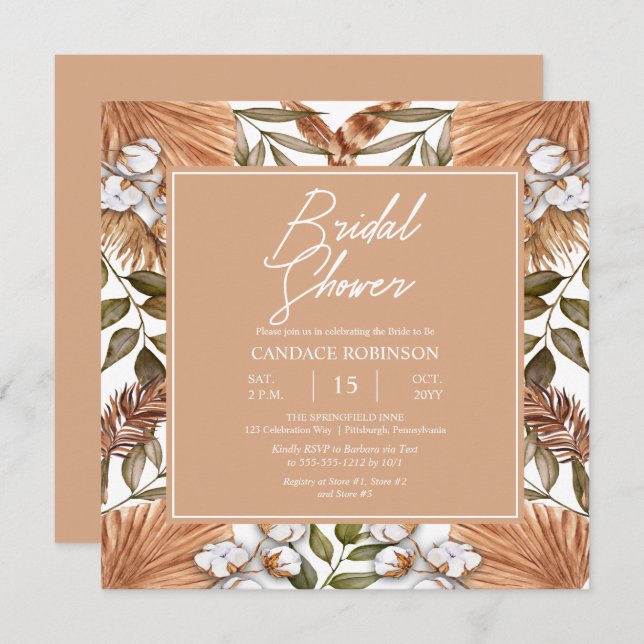 Invitation Boho Floral Coton | Fête des mariées de graminées  (Devant / Derrière)