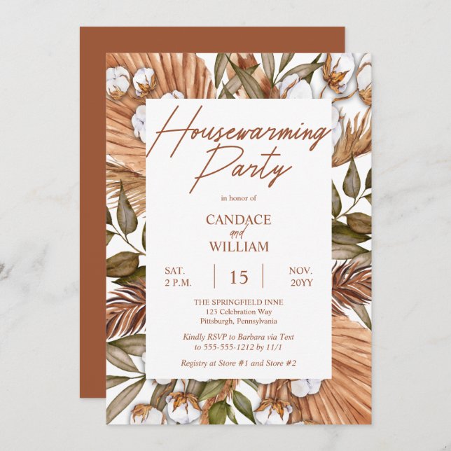 Invitation Boho Floral Coton | Grasses Fête de réchauffement  (Devant / Derrière)
