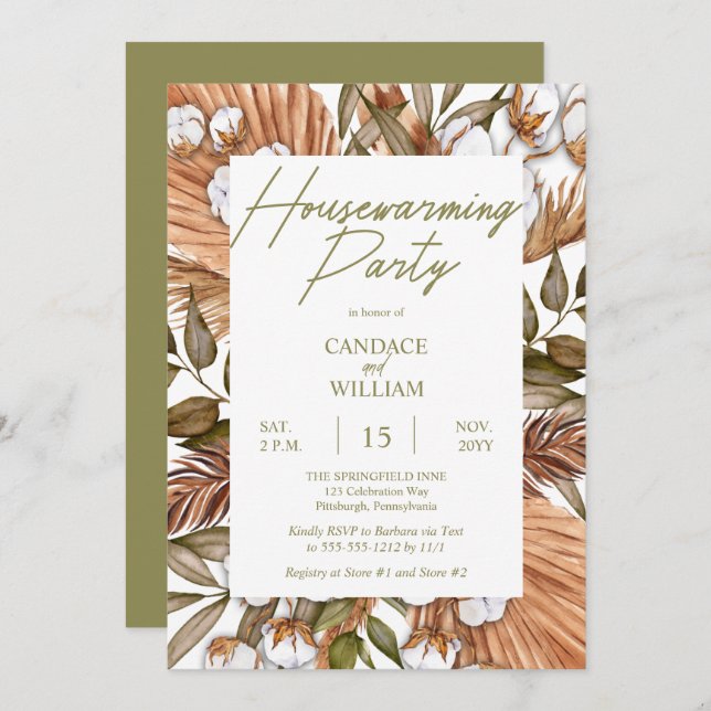 Invitation Boho Floral Coton | Grasses Fête de réchauffement  (Devant / Derrière)