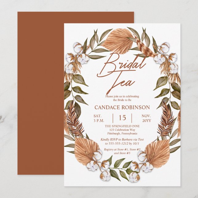 Invitation Boho Floral Coton Grasses séchées Thé nuptiale Dou (Devant / Derrière)