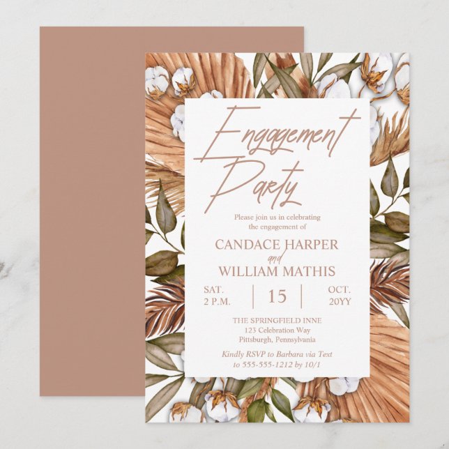 Invitation Boho Floral Coton |Partie d'engagement Grasses séc (Devant / Derrière)