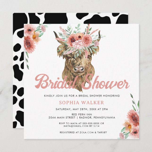 Invitation Boho Floral Cow Imprimer Fête des mariées de l'Oue (Devant / Derrière)