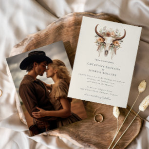 Invitation Boho Floral Cow Skull Western Photo Mariage