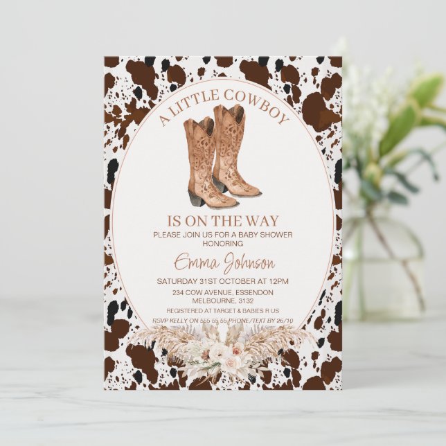 Invitation Boho Floral Cowhal Boots Baby shower (Debout devant)