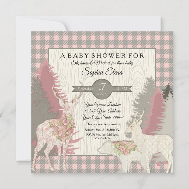 Invitation BOHO Floral Deer Bear Woodland Forest Plaid Girl (Devant)
