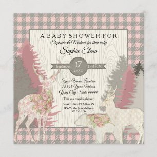 Invitation BOHO Floral Deer Bear Woodland Forest Plaid Girl