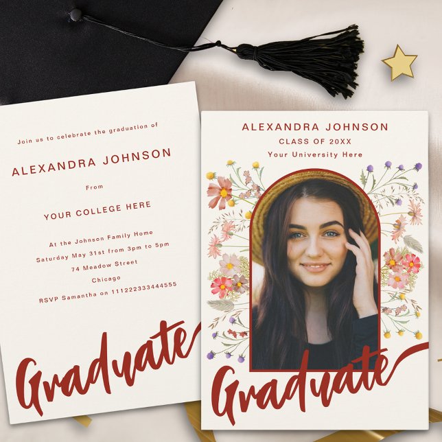 Invitation Boho Floral Diplômé Photo Script Fête de Remise de (Boho floral burnt orange script graduate photo arch Graduation party invitation)