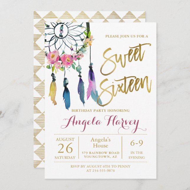 Invitation Boho Floral Dream Catcher Gold Sweet 16 Anniversai (Devant / Derrière)