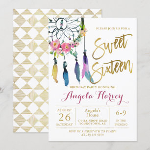 Invitation Boho Floral Dream Catcher Gold Sweet 16 Anniversai