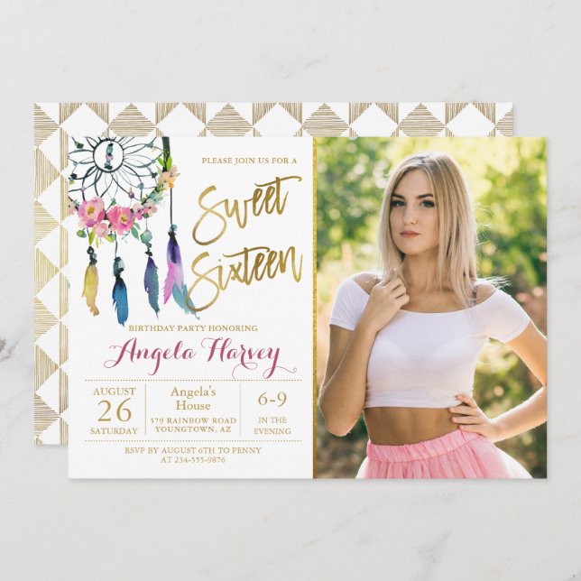 Invitation Boho Floral Dream Catcher Sweet 16 Anniversaire Ph (Devant / Derrière)