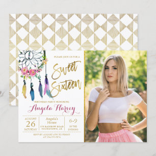 Invitation Boho Floral Dream Catcher Sweet 16 Anniversaire Ph