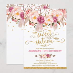 Invitation Boho Floral Dream Catcher Sweet 16e anniversaire