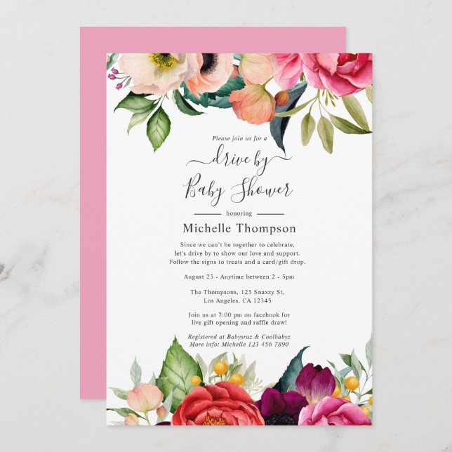 Invitation Boho Floral Drive Par la naissance ou le Baby show (Devant / Derrière)