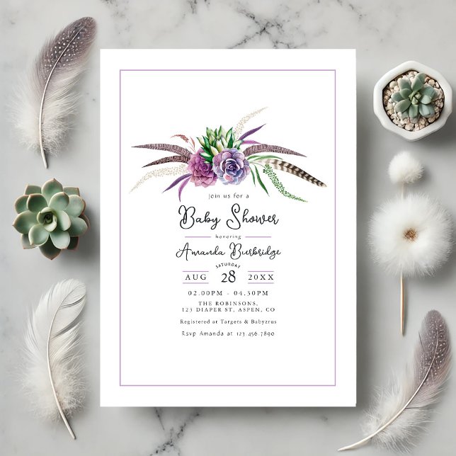 Invitation Boho Floral et Baby shower de plume (Boho Floral and Feather Baby Shower Invitation)