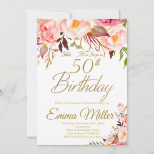 Invitation Boho Floral et Gold Surprise 50e anniversaire