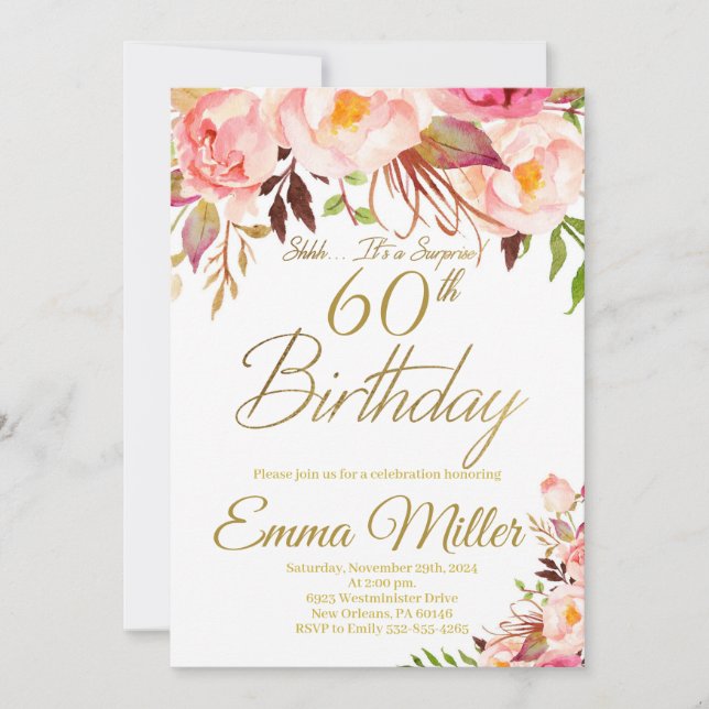 Invitation Boho Floral et Gold Surprise 60e anniversaire (Devant)