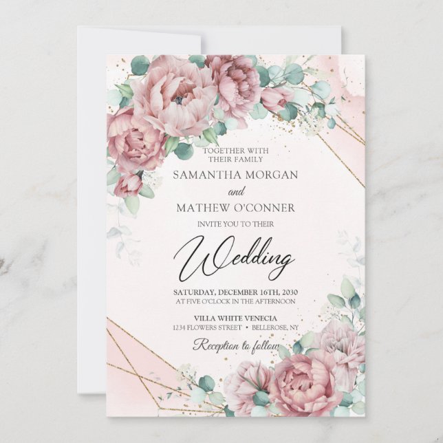 Invitation Boho floral eucalyptus feuillage faux or (Devant)