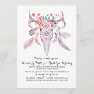 Invitation Boho Floral Feathers Deer Antlers Mariage