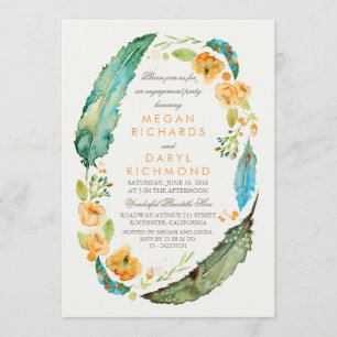 Invitation Boho Floral Feathes Vintage Turquoise Engagement P
