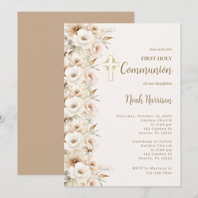 Invitation Boho Floral First Communion Boy (Devant / Derrière)