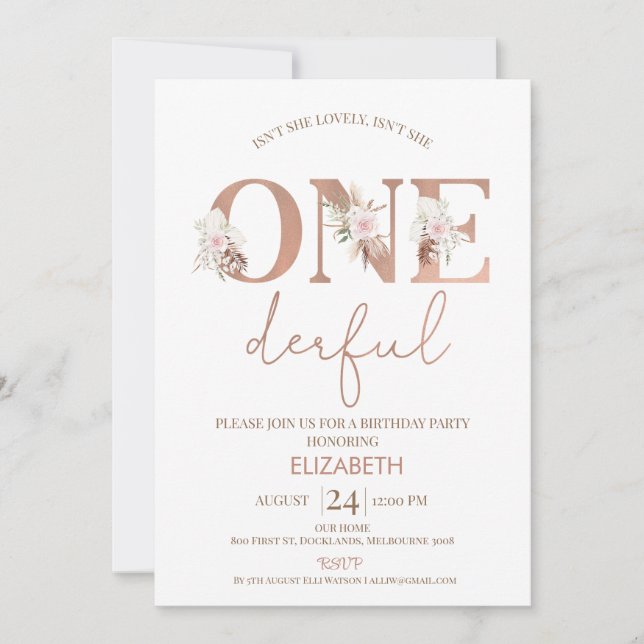 Invitation Boho Floral Girls Onederful 1er anniversaire (Devant)