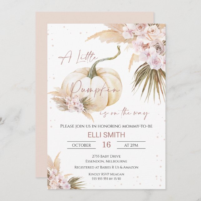 Invitation Boho Floral Girls Petit Baby shower Citrouille Inv (Devant / Derrière)