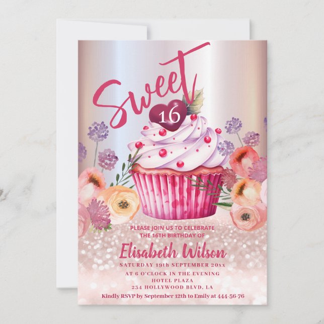 Invitation Boho floral Girly cupcake Rose or gliterie (Devant)