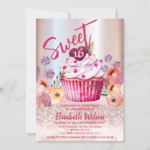 Invitation Boho floral Girly cupcake Rose or gliterie